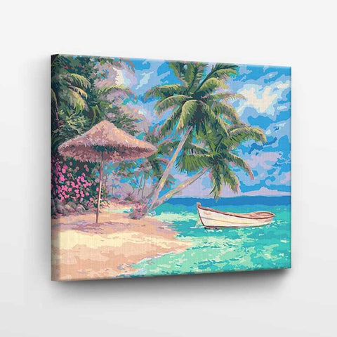 Drobė 40×30 cm su spalvingu tropinių palmų ir valties pajūrio motyvu, priekinis kampas parodo drobės faktūrą