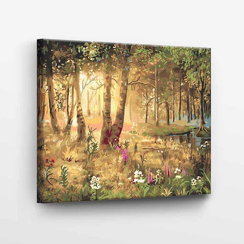 Drobė miško peizažas 60×45 cm šilti rudi ir žali tonai, kampinis rodinys parodo drobės storį ir kabinimą