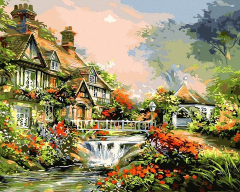 Tapyba ant drobės: romantiška kaimiško namo sodų scena su mažuoju kriokliu ir tiltu, 60×80 cm, ryškios oranžinės ir žalios spalvos