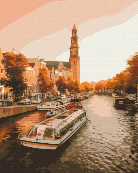 drobė Amsterdamo kanalo peizažu, rudeniškų oranžinių ir rudos tonų, 60×80 cm, iš priekio, akcentuotas ekskursinis laivas