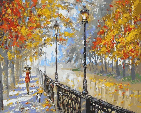 sienų paveikslas: impresionistinė rudens promenados scena — moteris su šunimi prie žibintų, geltoni ir raudoni tonai, 60×80 cm drobė