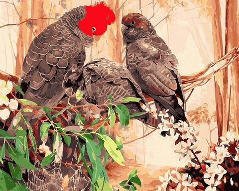 Sieninis paveikslas akrilinis su trijų pilkų papūgų motyvu ir ryškiu raudonu kaklu, dailinis, 60×80 cm