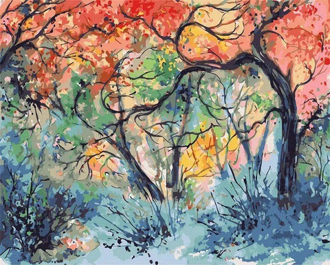 Paveikslas ant drobės: ryškių rudens raudonų, geltonų ir mėlynų atspalvių medžių siluetai, 50 × 70 cm sienai