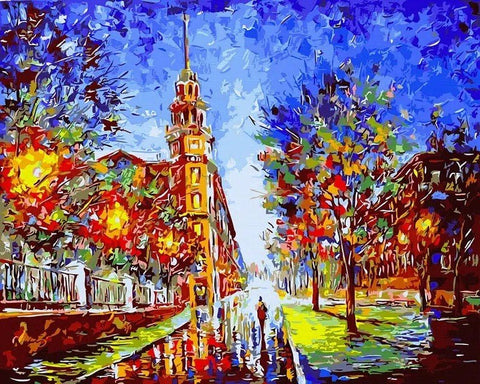 drobė 40×50 cm su ryškiu miesto rudens peizažu, intensyvios spalvos ir lietaus atspindžiai