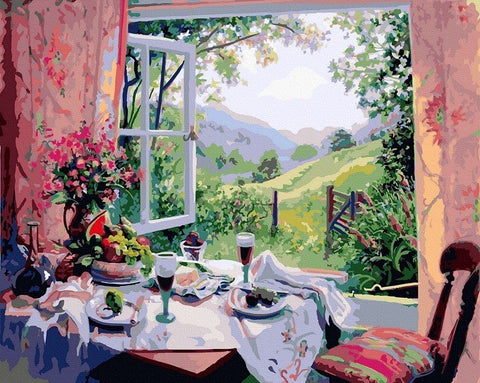Paveikslas pagal skaičius – 90×60 cm kraštovaizdis pro atvirą langą su stalu, taurėmis ir vasarišku sodu
