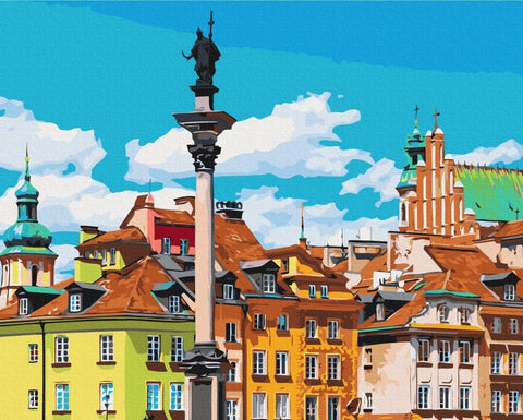 drobė su Varšuvos senamiesčio panorama ir Sigizmundo kolona priešais ryškiai raudonus bei geltonus fasadus