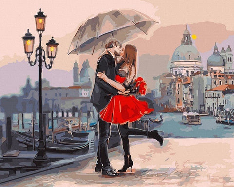 Paveikslas romantinė Venecija — pora po skėčiu, moteris raudona suknelė ir gėlės, tapybinis stilius, 60×80 cm