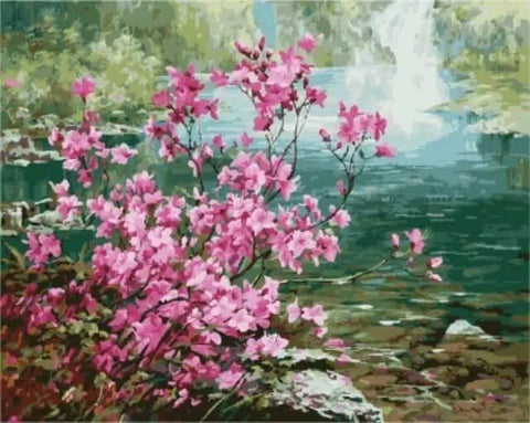 Paveikslas ant drobės rožiniai žydintys krūmai prie upės, 60×80 cm, horizontali kompozicija, arčiau šakų nei kiti variantai