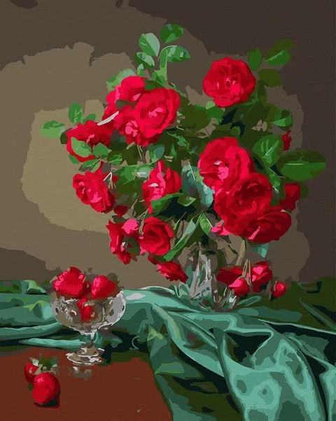 Paveikslas raudonos rožės vazone ant žalsvo audinio, 50×70 cm drobė, klasikinė, ryškios spalvos interjerui