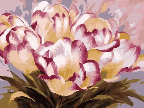 Tapyba pagal skaičius 40×50 cm su dideliais rožiniais ir kreminiais tulpės žiedais su bordo kraštais, artimas planas