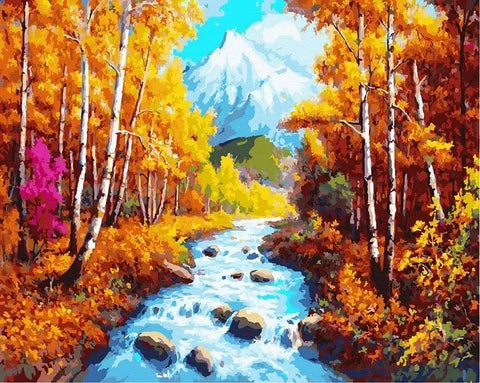 Paveikslas rudens upė su beržais ir kalnu, ryškių spalvų aliejinė drobė, rėmuotas 40×50 cm