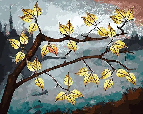 Drobė su aukso lapais ant tamsios medžio šakos ir miglotu mėlynu fonu, 60×80 cm dekoratyviam interjerui
