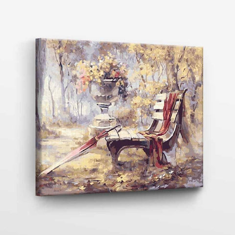 Drobė su rudenišku suoliuku ir skėčiu, 60×80 cm, kampinė perspektyva, užtempta ant medinio rėmo