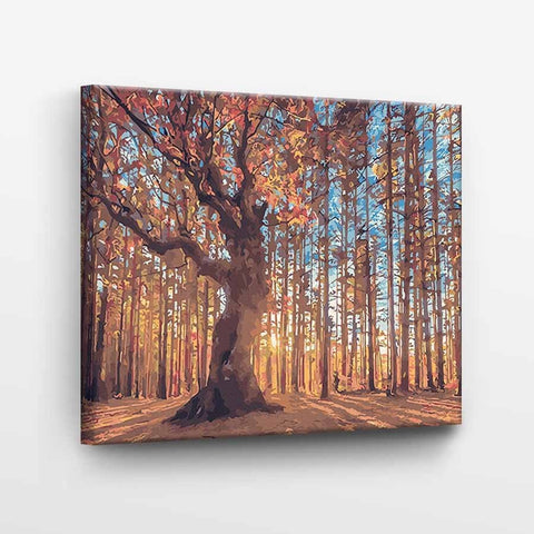Drobė rudeniškas miško peizažas 50×70 cm su išryškinta medžio figūra ir iš šono matomu užtemptu kraštu