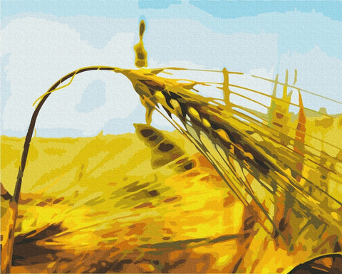 paveikslas drobė 60×80 cm su auksinėmis ir rusvomis tonacijomis, kampinis artimas javų stiebo fragmentas