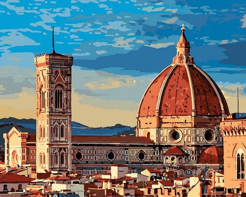 Drobė: Florencijos Santa Maria del Fiore katedros kupolas ir kampanilė panoraminėje kompozicijoje su šiltu saulėlydžio apšvietimu