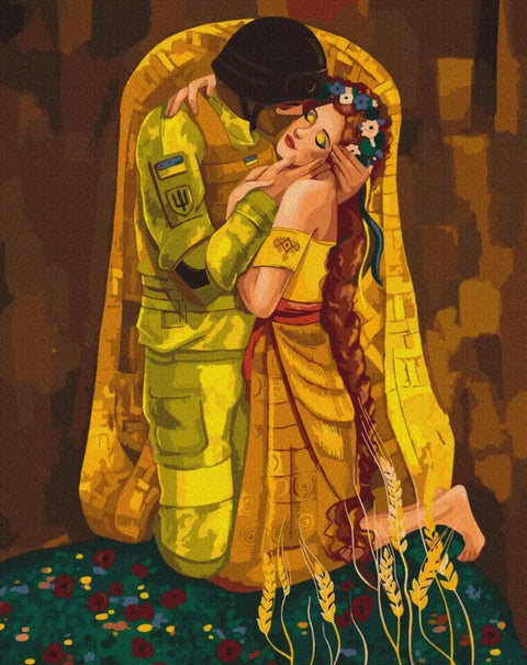 drobė Ukrainos kario geltonos uniformos apsikabinimas su tautine moterimi, gėlių vainikas ir javai priekyje