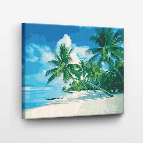 drobė ant medinio rėmo 60×40 cm su mėlyna jūra ir palmėmis, kampinis kairinis vaizdas, parodo frontalinę detalę