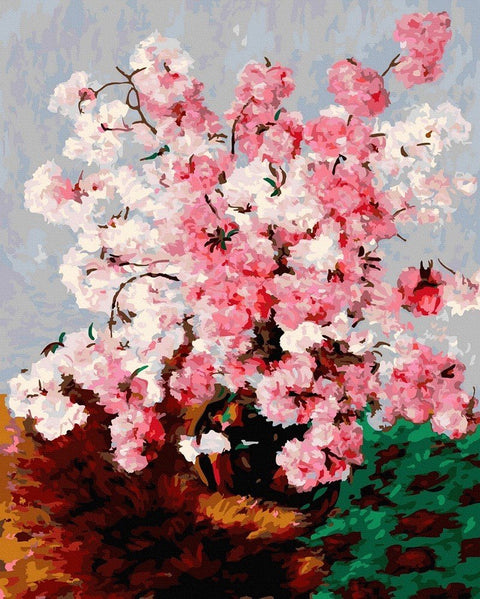 tapybos rinkinys su vyšnių žiedų motyvu, 40×50 cm drobė, ryškūs rožiniai ir balti tonai, artimas kampas