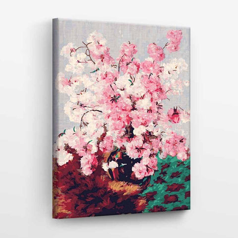 Drobė su šviesiai rožinėmis vyšnių žiedų kompozicija, 60×80 cm, šoninis kampas ir matinė tekstūra