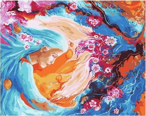 Drobė moters ir žiedų motyvu, 60×80 cm, ryškūs mėlyni ir oranžiniai tonai, priekinis kampas, akcentuotos rožinės gėlės