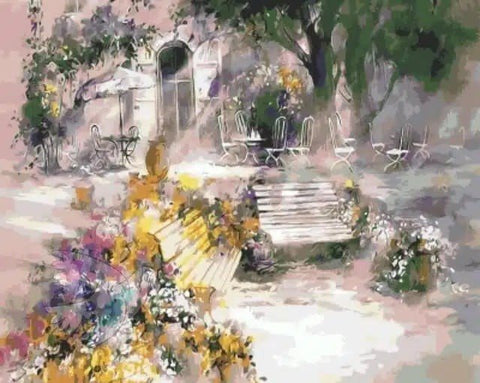 Sieninis paveikslas „Romantiškas sodas“, akvarelė pastelinių rožinių ir geltonų tonų, 60×80 cm, su suoliuku ir terasa