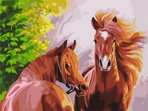 Drobė su rudais arkliais, 40×50 cm, spalvota tapyba iš priekio, dvi arklės su vėjo nupraustomis grivomis ir žaismingu žvilgsniu