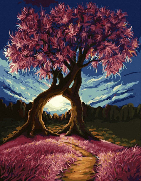 tapyba ant drobės, rožinių medžių ir mėlyno dangaus motyvas, 80×60 cm, tiesus kadravimas su apvalia kamieno anga