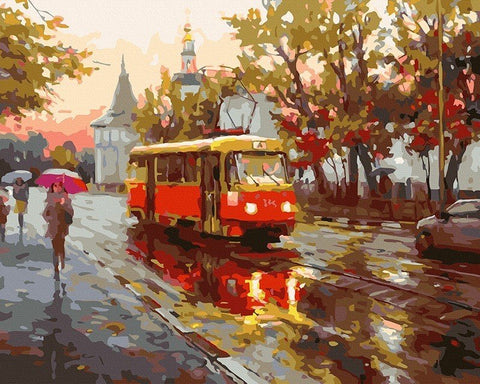 Paveikslas raudonas tramvajus rudenį: aliejinė tekstūra, 60 × 80 cm, priekinis kampas su lietaus atspindžiais