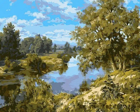 tapyba ant drobės 60×80 cm – raminantis upės peizažas žalių ir mėlynų tonų, skirtas svetainės interjerui