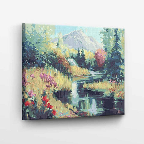 Drobė spalvinga kalnų upelio scena, impressionistinė 40×30 cm, su užriestomis kraštinėmis ir rodoma iš šono