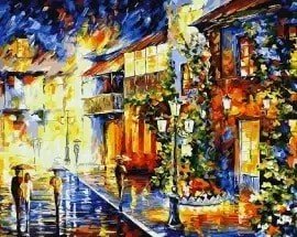 Drobė su ryškių spalvų lietingo miesto peizažu, 60×90 cm horizontali, jaukus svetainės akcentas
