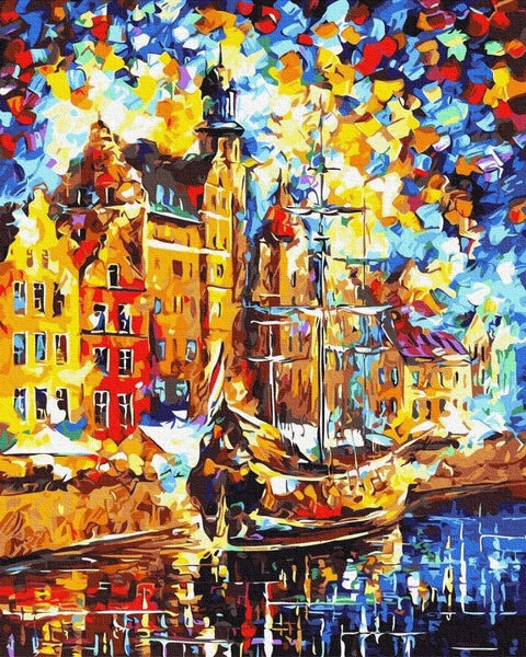 Paveikslas spalvotas uosto panorama ant drobės, 80×60 cm, modernus impresionistinis variantas ryškiais geltonais ir mėlynais tonais
