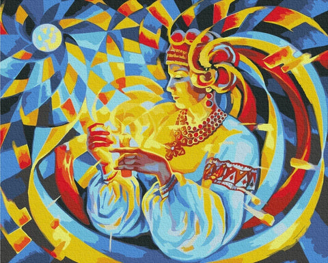 Sieninis paveikslas: stilizuota folkloro moteris profilio laiko degančią žvakę, ryškios geltonai‑mėlynos spalvos, 60×40 cm dekoracija