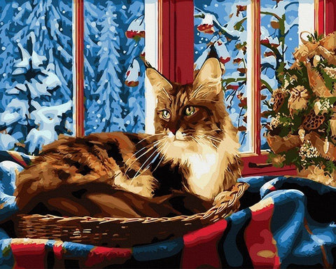 Dažymas pagal skaičius: rudas ilgaplaukis katinas gulintis krepšyje prie lango su žiemos fonu, 40×50 cm