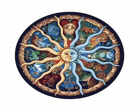 Apvalus kilimas su saulės ir mėnulio zodiako piešiniais, 120 cm diametro, mėlyno‑rudi tonai, centruotas piešinys