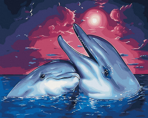 Drobė 60×80 cm su mėlynais delfinais prie rožinio saulėlydžio, matinė tekstūra, artimas kairinis kampas