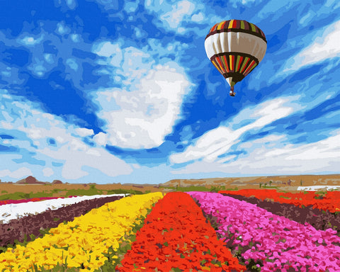 tapyba ant drobės su karšto oro baliono motyvu virš spalvotų gėlių eilių, horizontali 120×80 cm