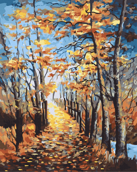 Paveikslas ant drobės rudens takas, sodrūs oranžiniai ir mėlyni atspalviai, vertikalus 50×70 cm, tinkamas prieškambariui