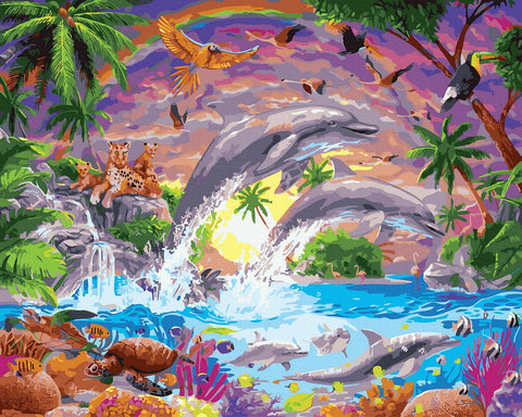 Delfinų drobė 60x80 cm – spalvingas tropinis jūros peizažas su iššokančiais delfinais, koralais ir paukščiais, unikalus panoraminis vaizdas
