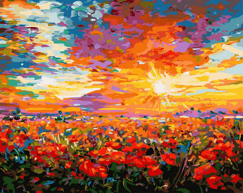 Drobė Saulėlydžio aguonos 60×80 cm ryškiomis oranžinėmis ir raudonomis spalvomis, horizontali panorama, be rėmo