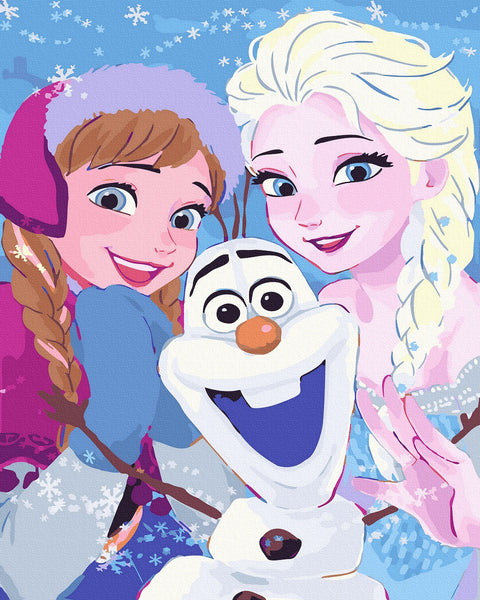 drobė su Frozen personažais: artiškas Anna, Elsa ir Olaf šypsosi, ryškios pastelinės spalvos ir detalus veidų priartinimas vaikų kambariui