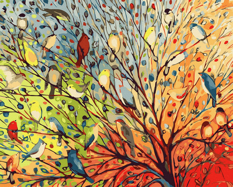 Paveikslas spalvingas medžio siluetas su daugybe stilizuotų paukščių, ryški oranžinė–žalia paletė, drobė 60×80 cm