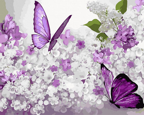 Sieninis paveikslas violetinių drugelių ir baltų alyvų motyvas ant drobės, 80×60 cm, horizontali kompozicija