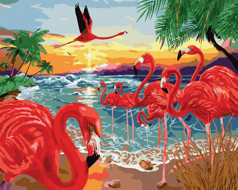 tapyba ant drobės rožiniai flamingai prie jūros saulėlydžio, intensyvios spalvos ir artimas pirmojo plano flamingas