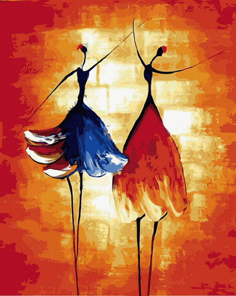 Tapyba ant drobės: abstrakti pora su mėlyna ir raudona suknele, 60×80 cm, pagrindinis galerijos kadras, intensyvus oranžinis fonas