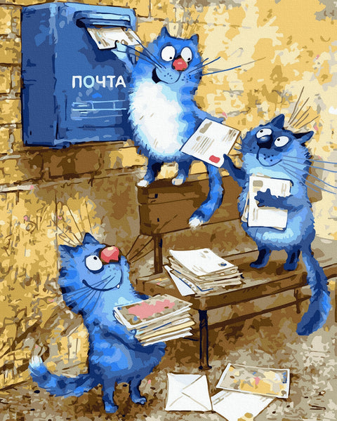 Drobė su mėlynais animaciniais katinais, kurie rūpestingai tvarko ir įmeta laiškus į mėlyną pašto dėžutę, 40×60 cm