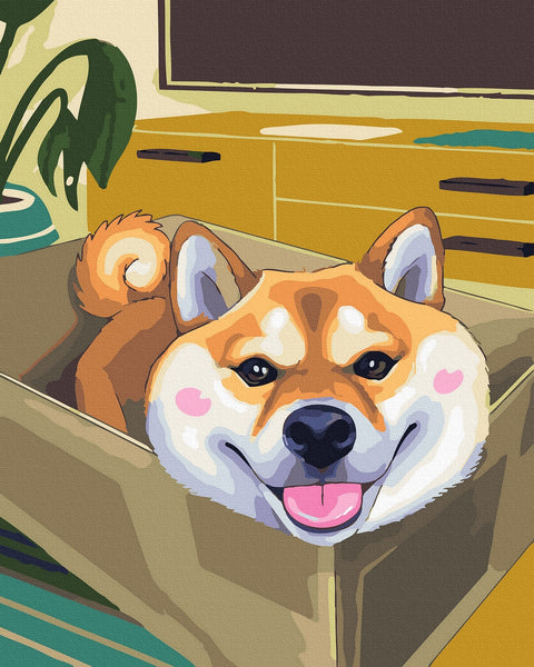 drobė su spalvingu Shiba Inu šunimi besišypsančiu dėžėje, 30×40 cm modernaus iliustracinio stiliaus