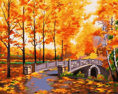 Drobė rudens tilto peizažas oranžinėmis ir geltonomis lapų spalvomis, horizontali 60x80 cm versija, fotografuota iš priekio