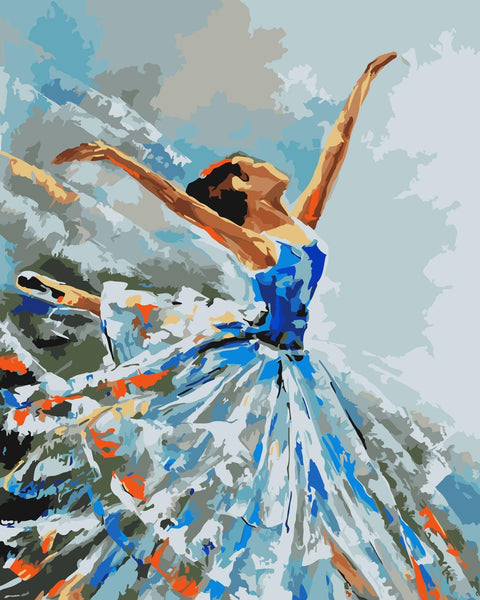 Paveikslas mėlyna balerina šokio metu, abstrakčių mėlynų, pilkų ir oranžinių dėmių kompozicija ant drobės, 60×80 cm